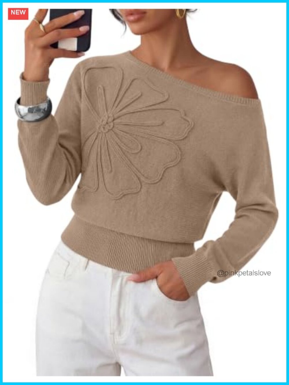 Off Shoulder Convertible Boat Neck Knit Sweater with 3D Flowers
